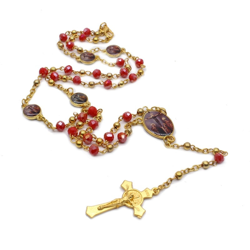 QIGO Crystal Rosary Necklace For Women Long Gold Cross Pendant Religious Jewelry QIGO Crystal Rosary Necklace For Women Long Gold Cross Pendant Religious Jewelry